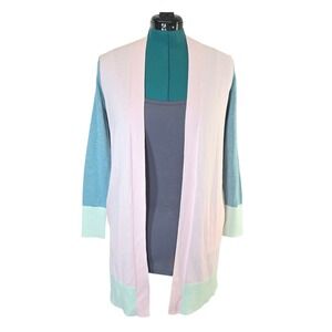 Lands' End XS‎ Petite Cardigan Sweater Open Front Pink Blue Green Cotton Blend